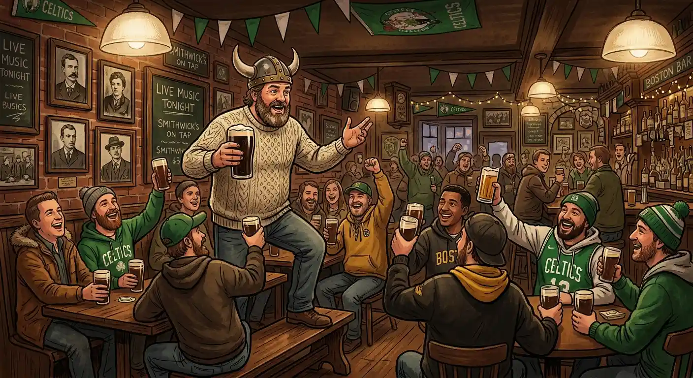 A drunk man in an Boston Irish bar Telling a story to rowdy patrons